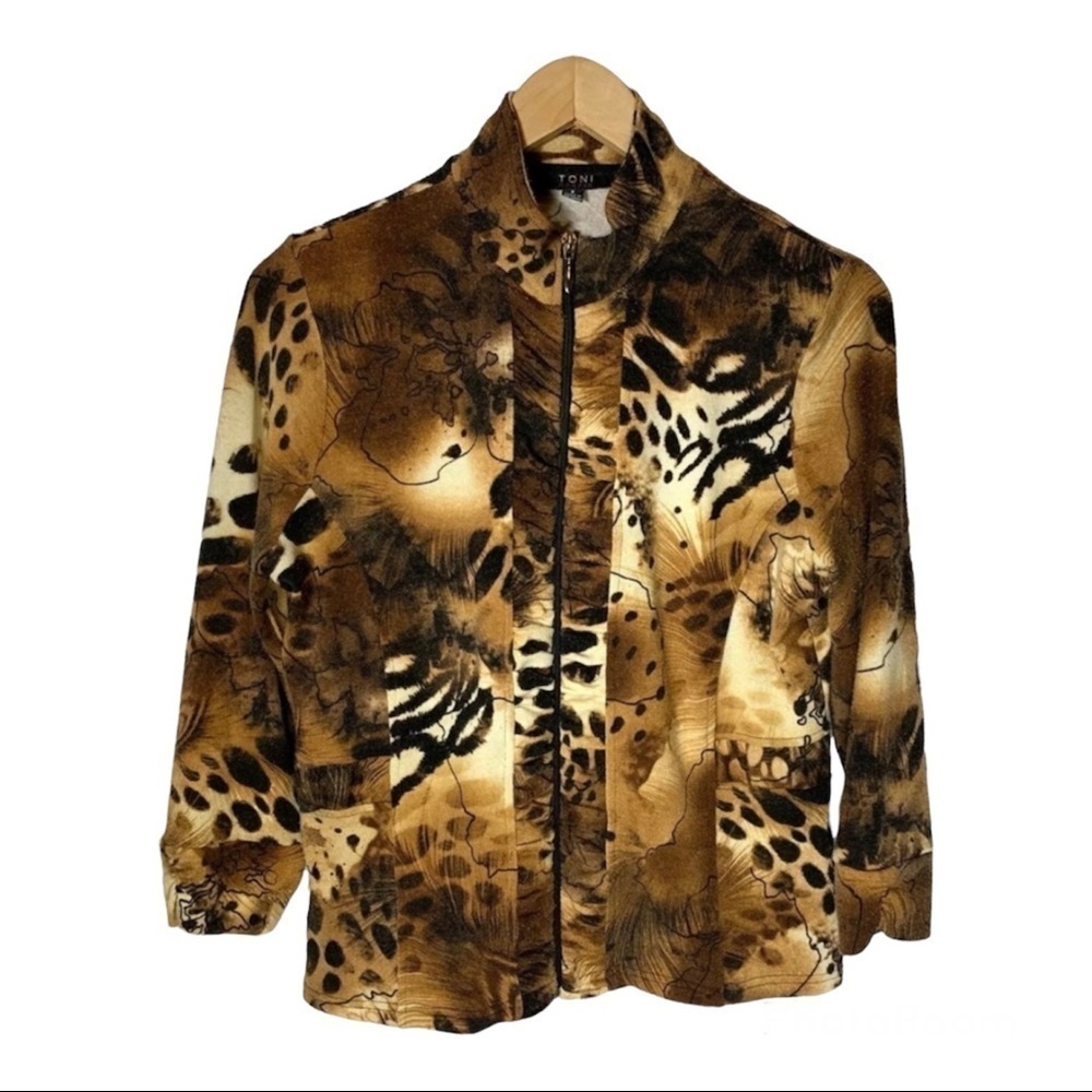 Toni Morgan‎ Womens Size S Zip Front Jacket Knit Ruched Sleeves Animal Print